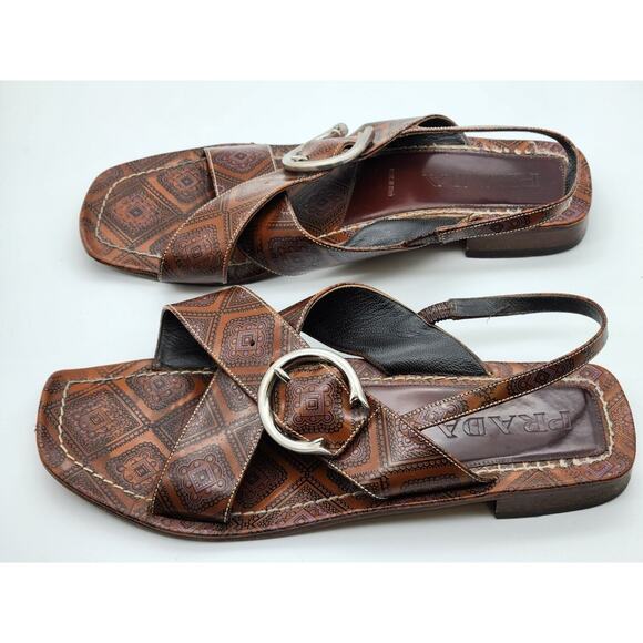 Prada - Cross Strap Leather Slingback Sandal Slide Low Heel Brown Size 40 - Picture 2 of 12